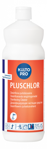 Desinfioiva puhdistusaine Kiilto Pluschlor 1 L - desinfioi, valkaisee, sis. natriumhypokloriittia