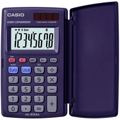 Taskulaskin Casio HS-8VERA- lompakkomallinen paristovarmennettu valokennolaskin