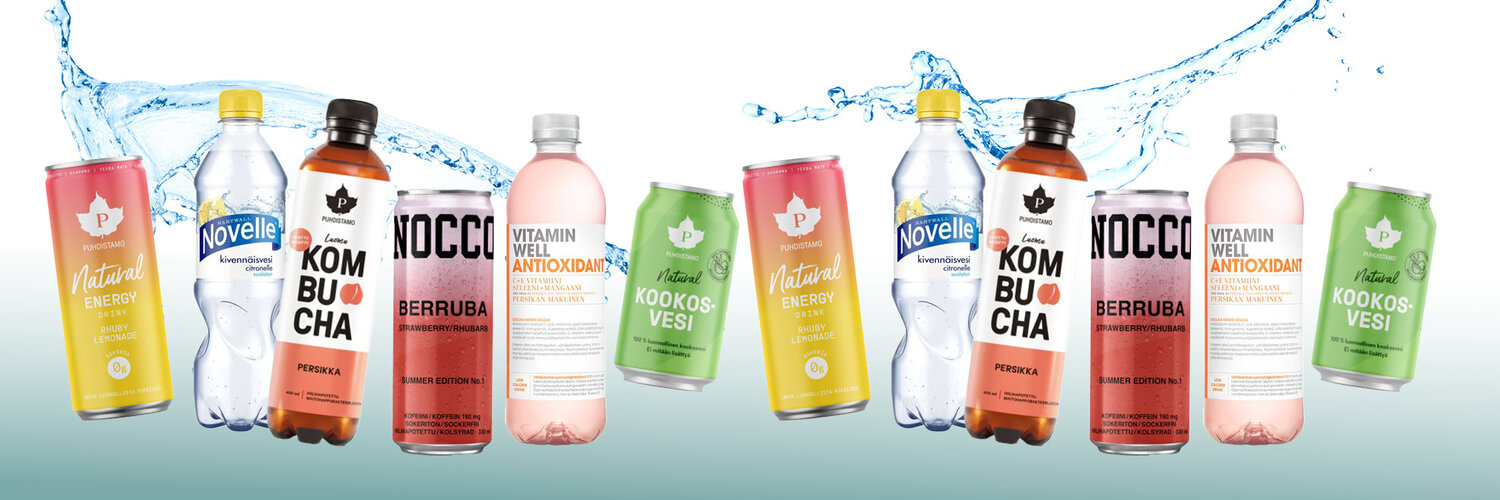 kuusi eri juomapakkausta: Puhdistamon energiajuoma, Hartwall Novelle kivennäisvesi, Puhdistamon persikka-kombucha, NOCCO Berruba, Vitamin Well Antioxidant ja Puhdistamon kookosvesi vesiroiskeen edessä.