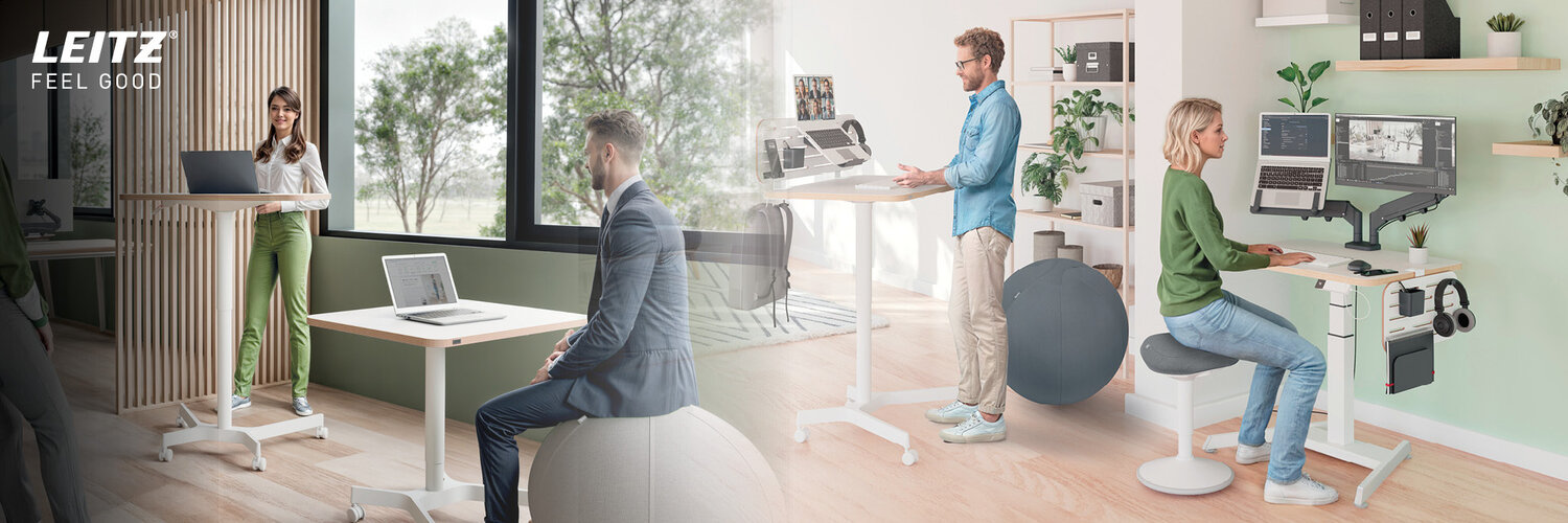 Leitz Ergo -mainos, jossa neljä henkilöä työskentelee ergonomisesti toimistossa.