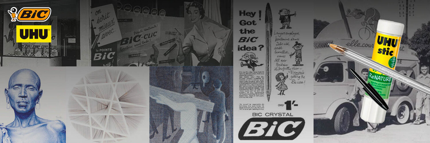 Historiallisia kuvia BIC Cristal kynillä tehdyistä mainoksista ym.