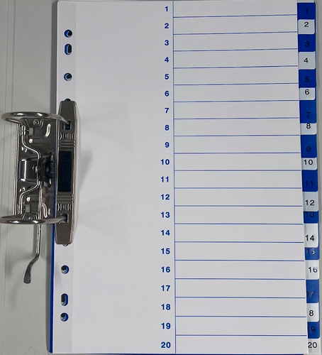 Välilehdet / hakemisto 1-20 muovi - valmistettu Suomessa