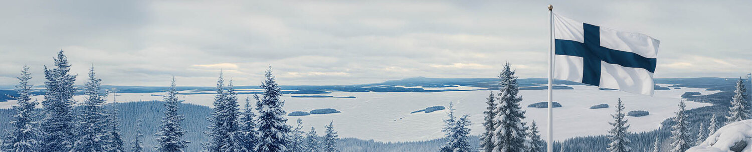 Kaunis suomalainen talvimaisema, ehkä Kolilta. Ja Suomen lippu liehuu.