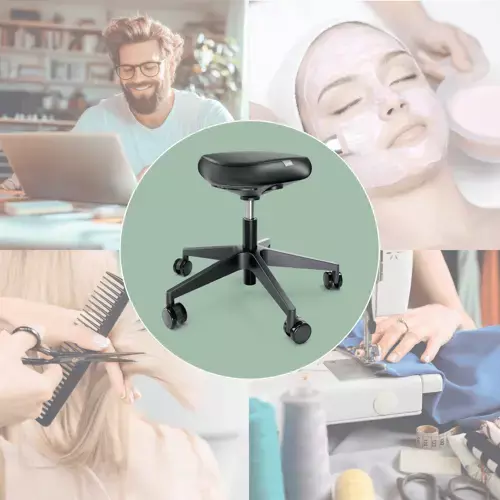 Keskellä Leitz Ergo Wobble -tuoli. Ruuduissa erilaisia käyttäjiä, kosmetologi, parturi jne.