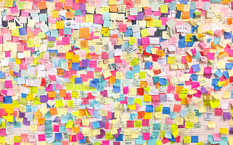 Koko seinä täynnä Post-it-viestilappuja.