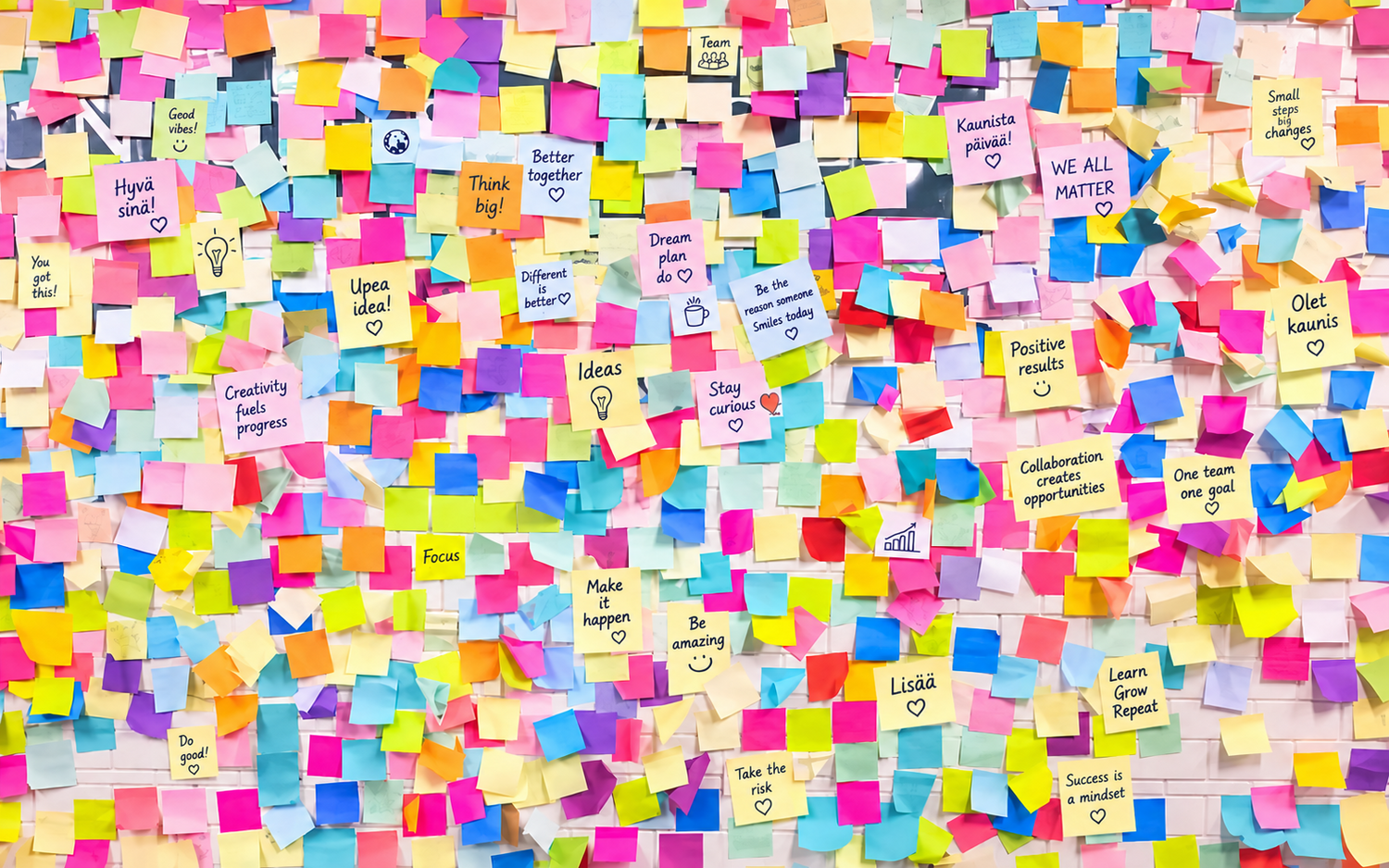 Kuva täynnä erivärisiä Post-it-lappuja