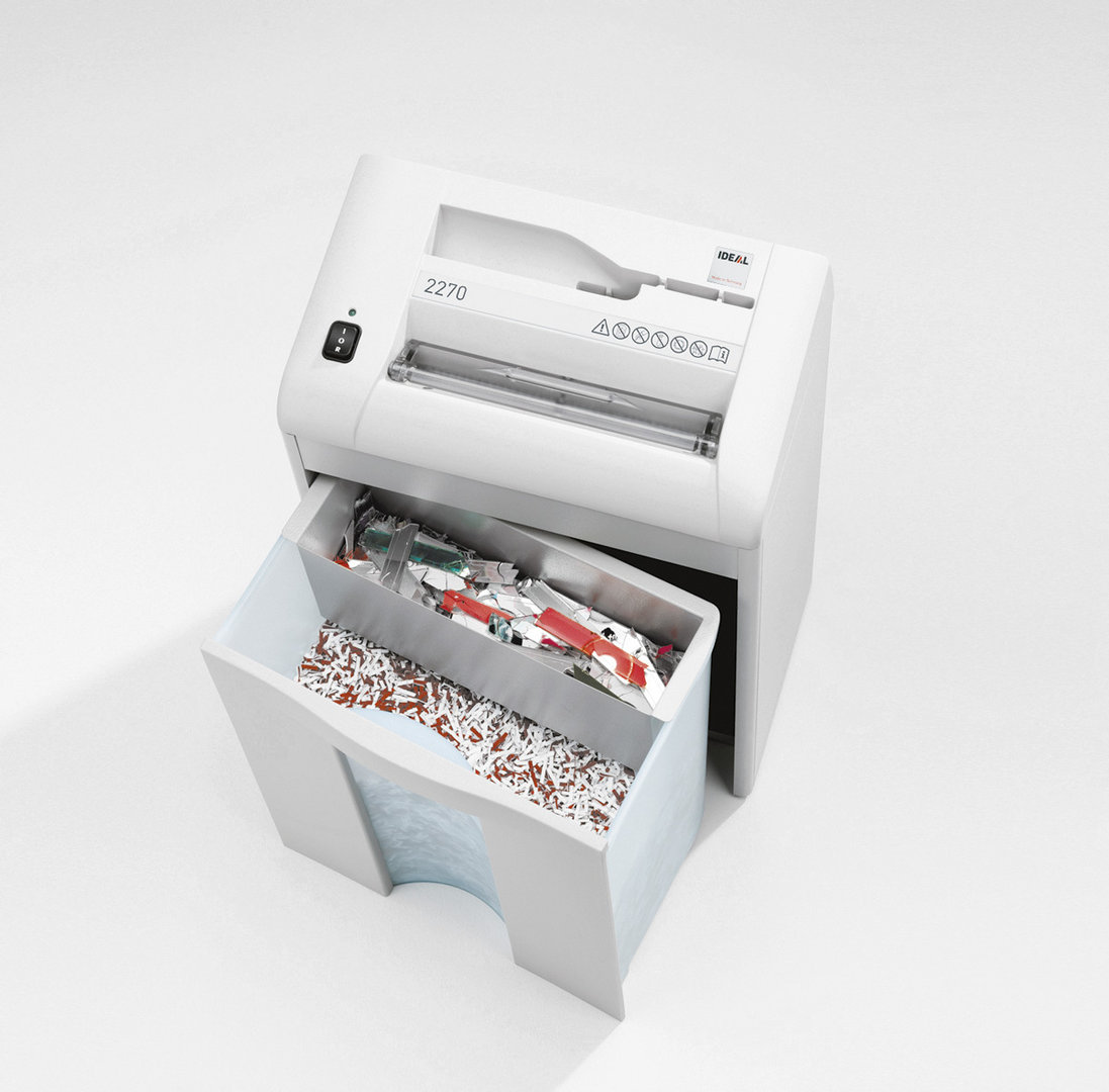 Paperintuhooja Ideal 2270 4mm suikale - silppuri, joka tuhoaa myös luottokortit ja CD-levyt