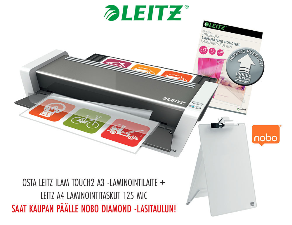 KAMPANJAPAKETTI: Laminointilaite Leitz iLAM touch2 A3 + taskut = lasitaulu kaupan päälle!
